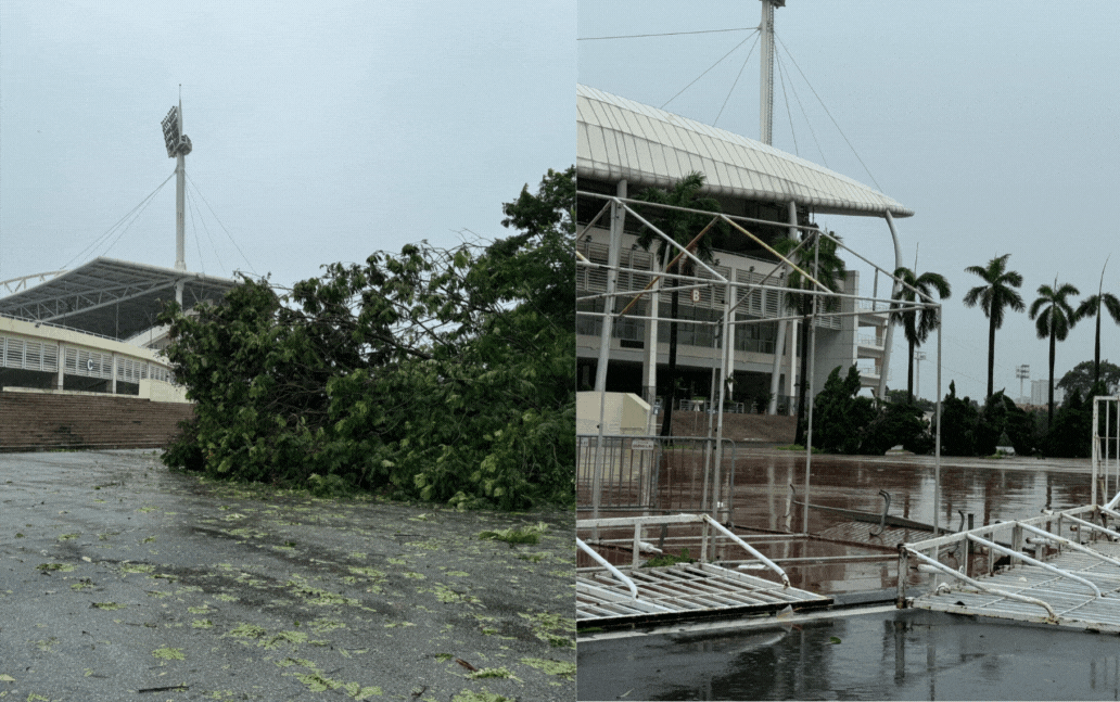 Sân Mỹ Đình bị bão Yagi tàn phá trước trận của đội tuyển Việt Nam vs Thái Lan, cây đổ la liệt khắp lối đi vào