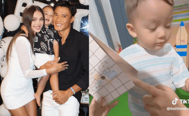 Thủ môn Bùi Tiến Dũng đưa con trai đi mua hàng hiệu tặng khiến vợ mẫu Tây bật khóc vì xúc động
