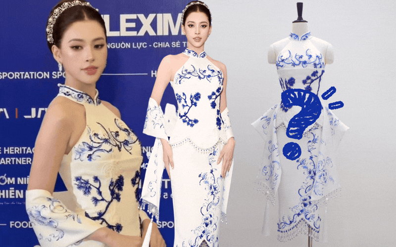 Hoa hậu Tiểu Vy hứng chỉ trích vì bộ váy hoạ tiết gốm xanh bị đánh giá 'giống sườn xám Trung Quốc'