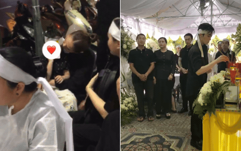 Gil Lê túc trực trong tang lễ ông ngoại, Xoài Non và gia đình đến viếng