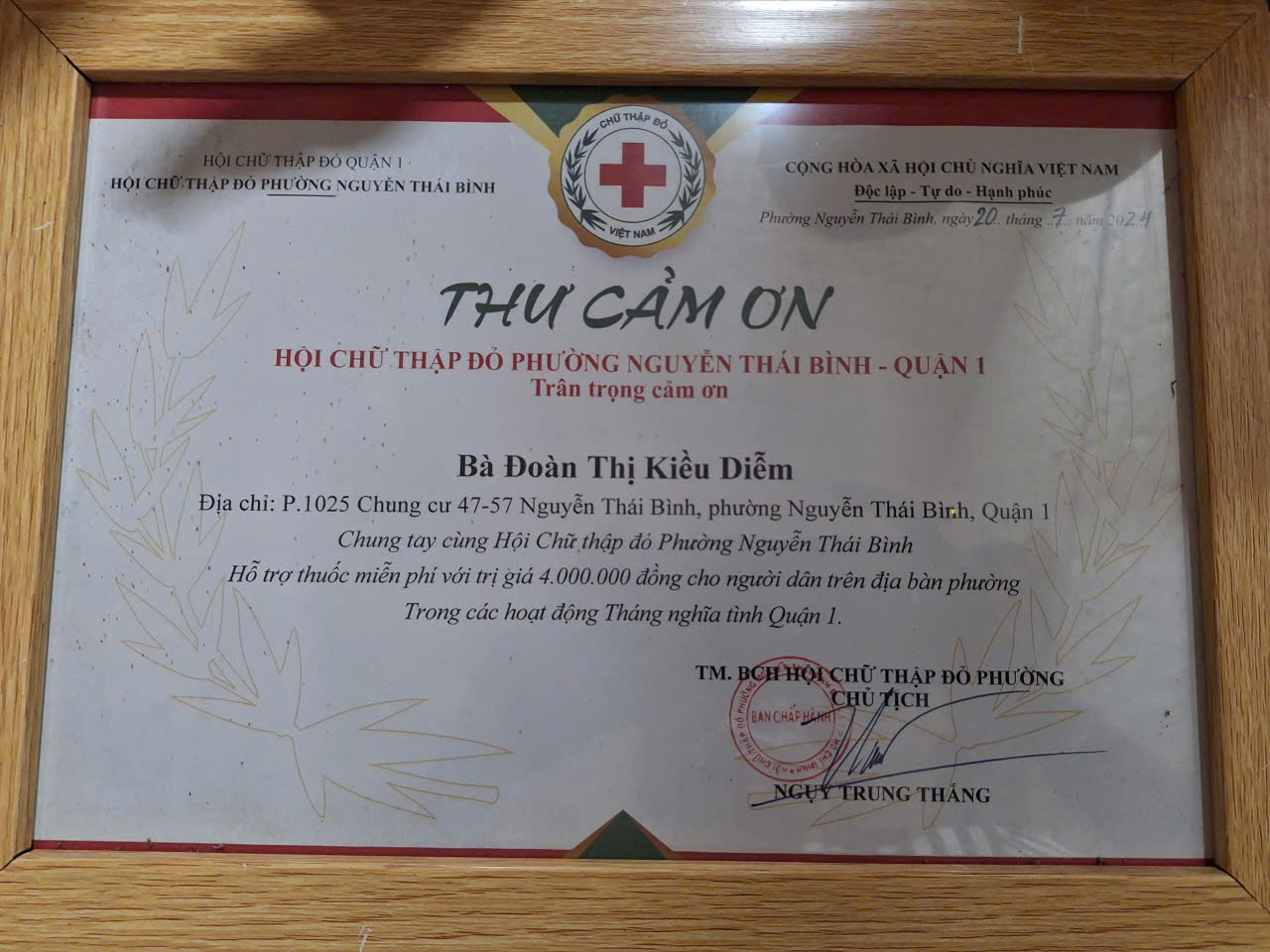 Thư cảm ơn từ Hội Chữ thập đỏ phường Nguyễn Thái Bình