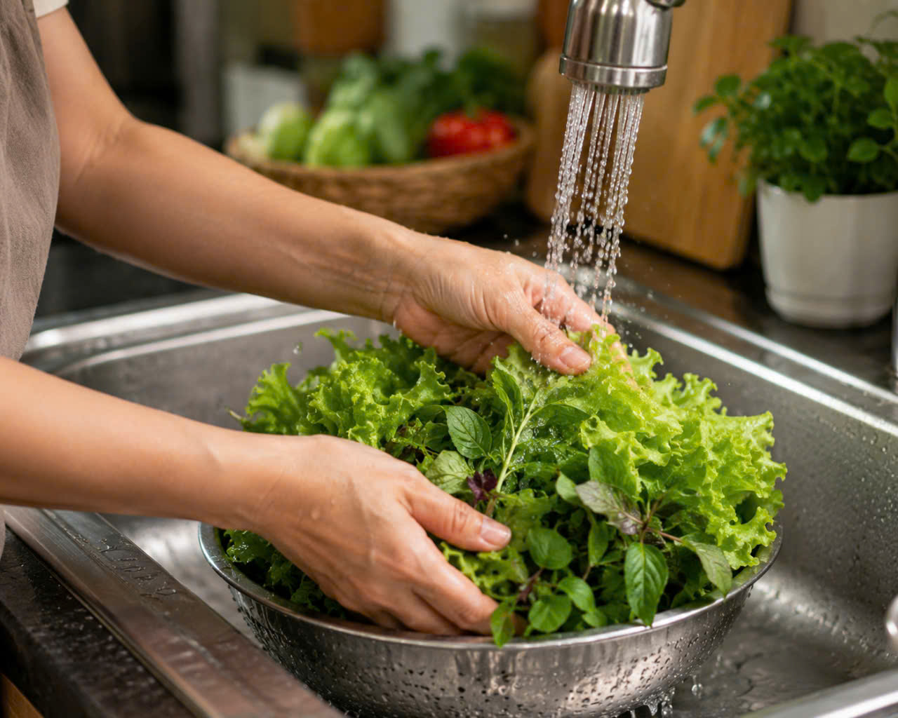 Đang rửa rau dưới vòi nước sạch