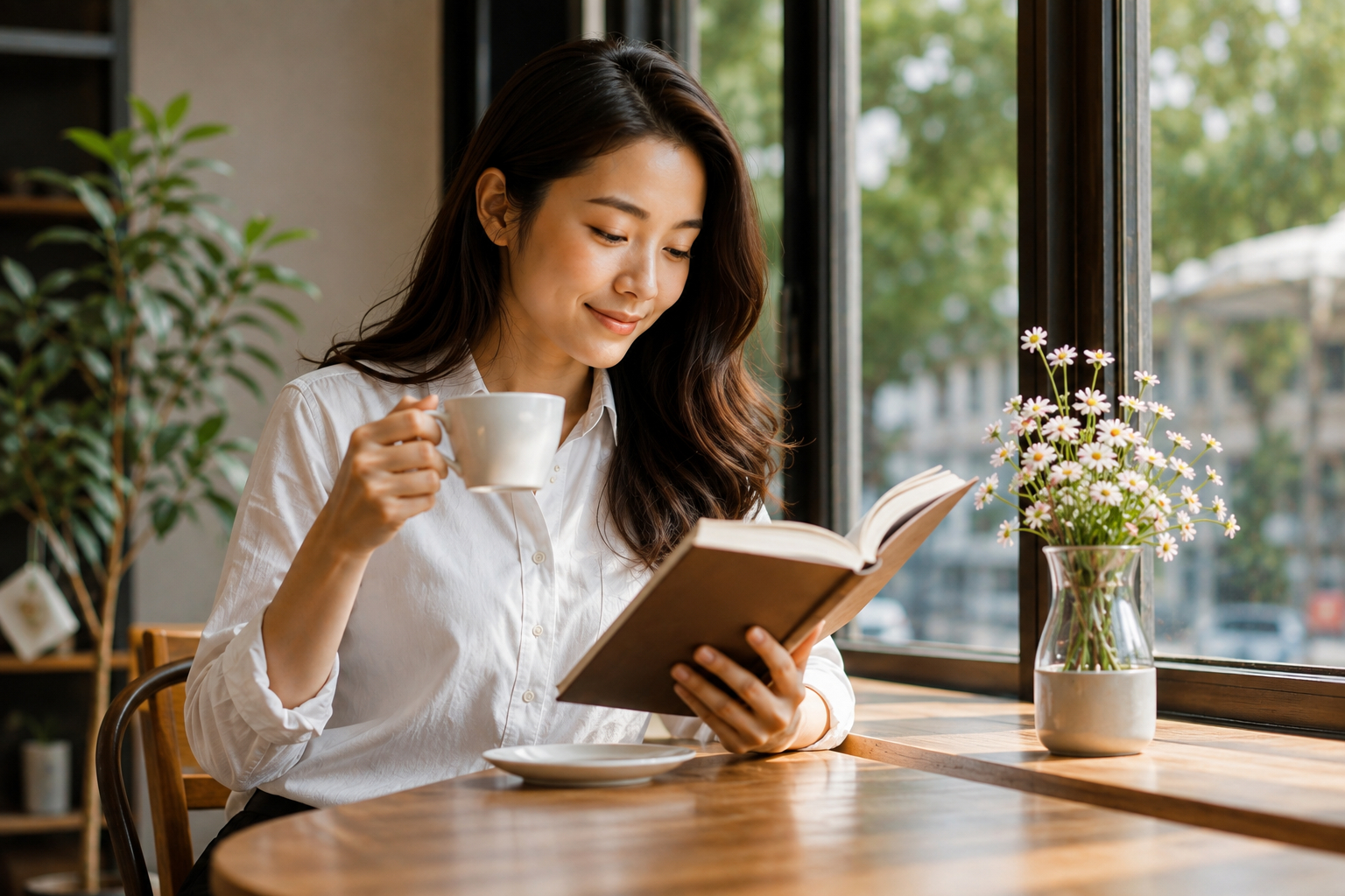 Một khoảng thời gian yên tĩnh bên cuốn sách và tách cà phê có thể giúp phụ nữ tạm rời nhịp công việc để chăm sóc đời sống riêng. (Ảnh minh họa do AI tạo)