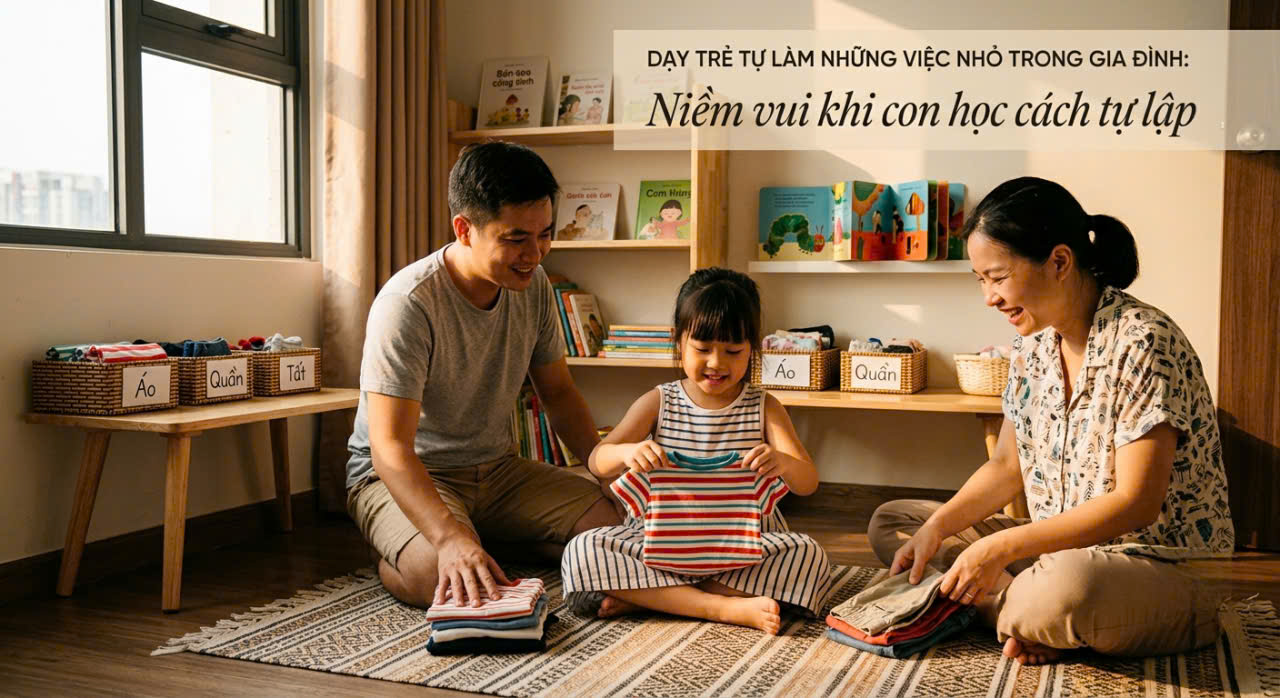 Cha mẹ không cần làm thay mọi việc, cho trẻ cơ hội thử sức giúp quá trình tự lập bắt đầu từ những sinh hoạt quen thuộc.