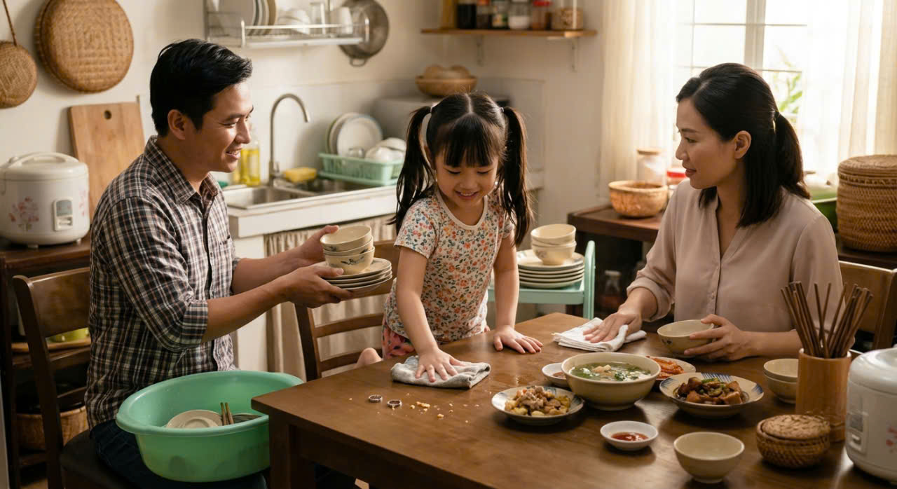 Những việc vừa sức như dọn bàn ăn giúp trẻ hiểu rằng mỗi thành viên đều có thể đóng góp vào sinh hoạt chung của gia đình