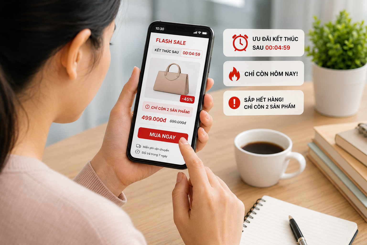 Những tín hiệu như đồng hồ đếm ngược hoặc thông báo khuyến mãi liên tục có thể thúc đẩy người mua đưa ra quyết định nhanh hơn. (Ảnh minh họa do AI tạo)