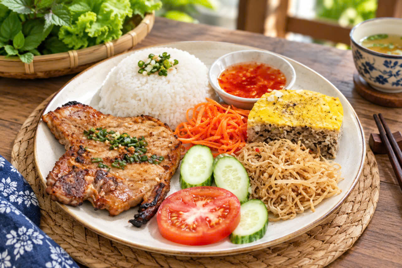 Đĩa cơm tấm với sườn nướng, bì, chả , những thành phần quen thuộc làm nên hương vị món ăn Sài Gòn. Ảnh: Minh họa