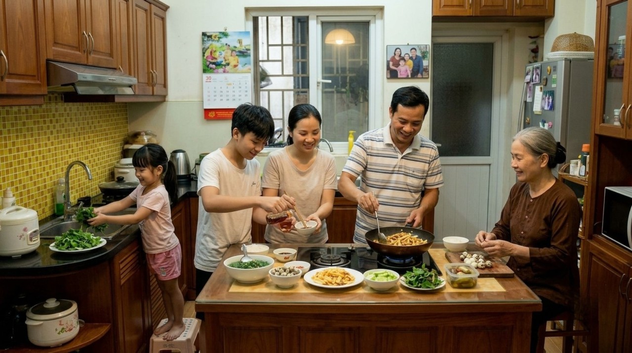 Các thành viên cùng tham gia chuẩn bị bữa cơm, từ nấu nướng đến sơ chế và dọn bàn, cho thấy việc bếp núc đang dần trở thành công việc chung của gia đình. Ảnh: minh họa