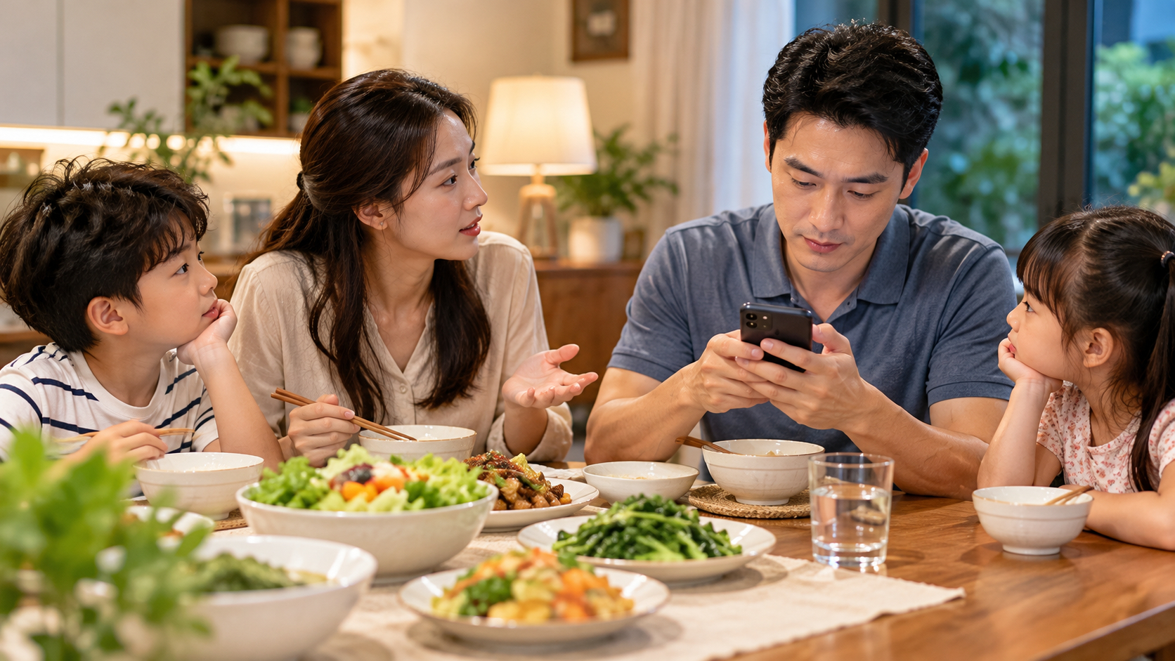 Điện thoại trong bữa cơm gia đình đôi khi khiến cuộc trò chuyện bị gián đoạn, làm giảm sự kết nối giữa các thành viên. Ảnh minh họa