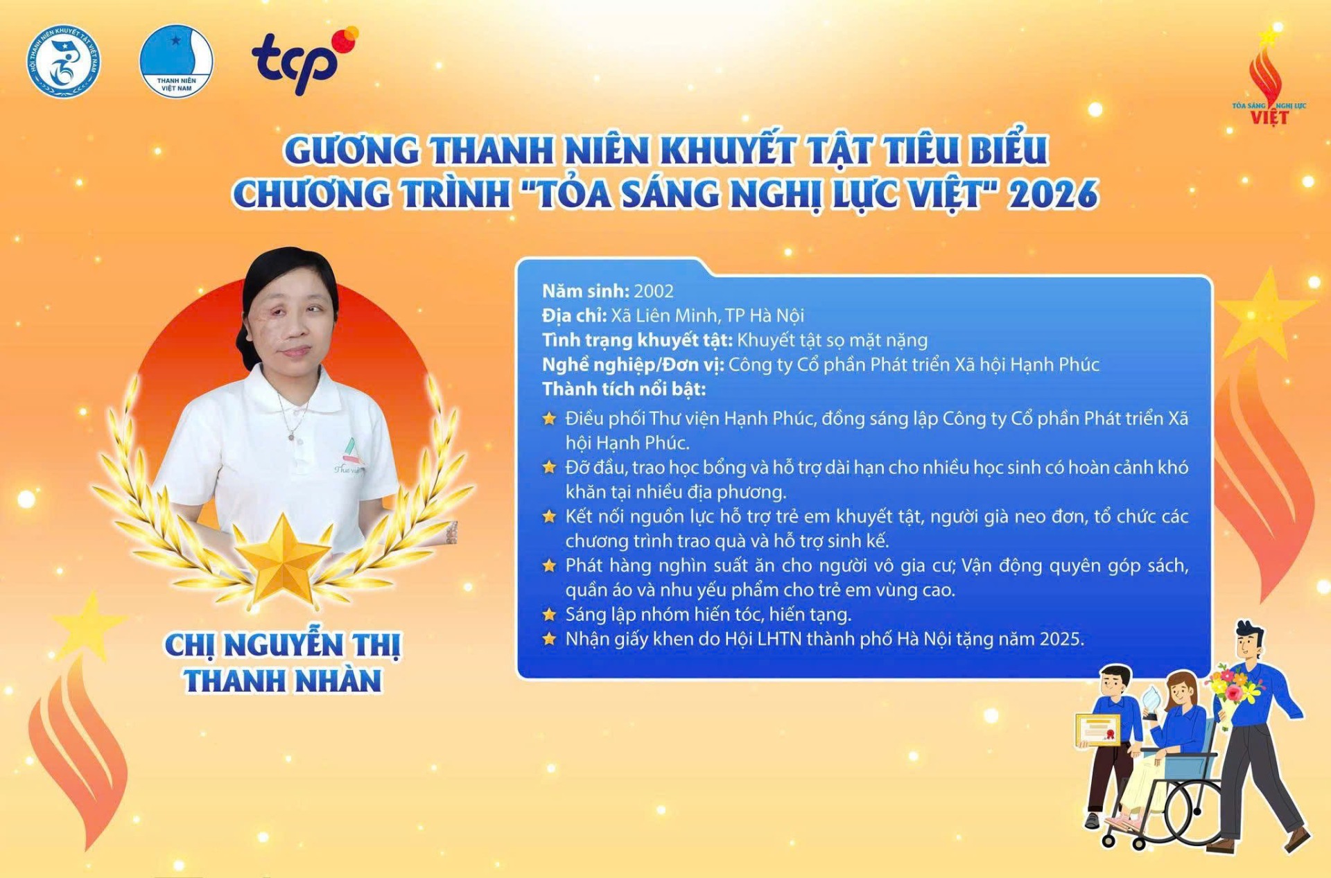 Cô giáo Nguyễn Thị Thanh Nhàn được vinh danh “Gương thanh niên khuyết tật tiêu biểu” tại chương trình “Tỏa sáng Nghị lực Việt” năm 2026. Ảnh: Hội LHTN Việt Nam.