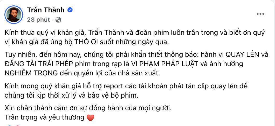 Thông báo khẩn của Trấn Thành (Ảnh: FBNV)