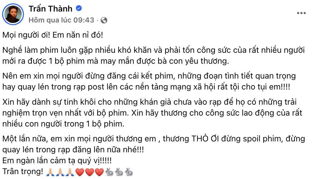 Dòng trạng thái trước đó của Trấn Thành (Ảnh: FBNV)
