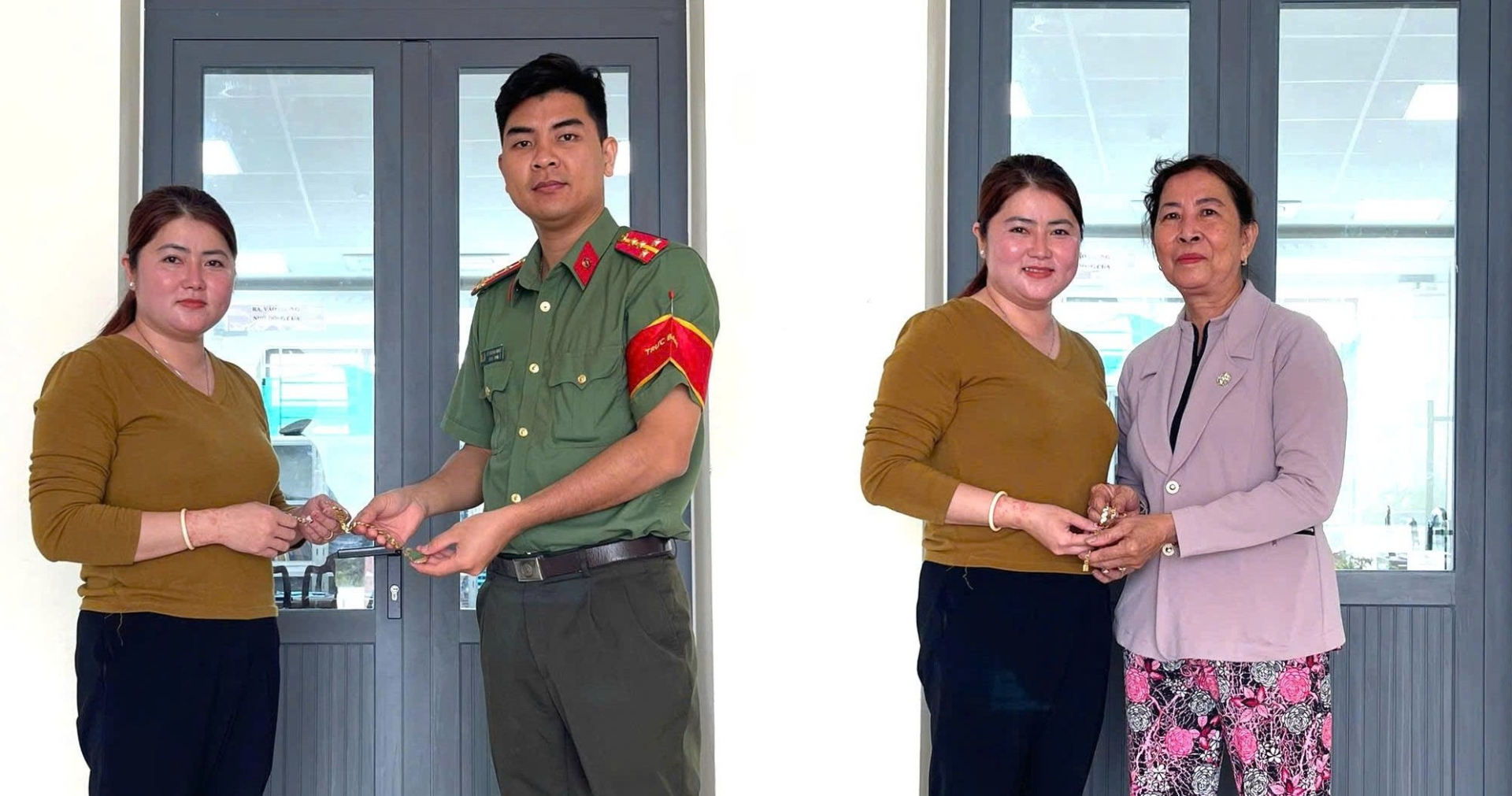   Chị Trương Thị Thanh Nhỏ trình báo Công an xã Tân Hưng và bàn giao tài sản đánh rơi cho bà Huỳnh Thị Chung. Ảnh: Công an tỉnh Tây Ninh  