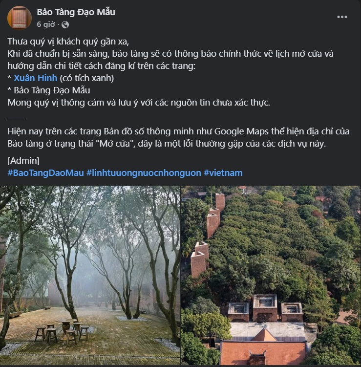   Thông báo từ phía Bảo tàng Đạo Mẫu. Ảnh chụp màn hình  