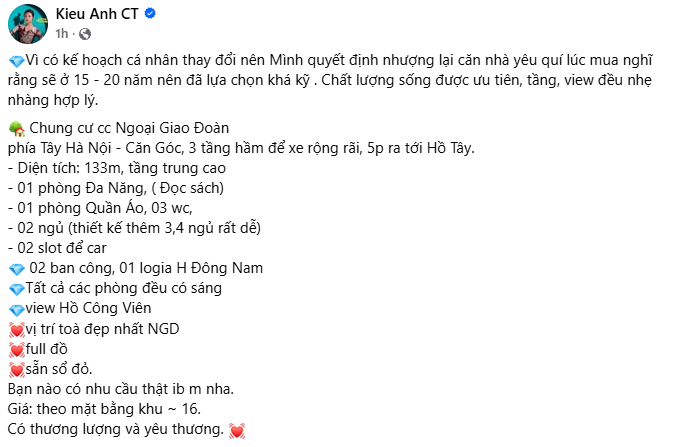 NSƯT Kiều Anh đăng bài bán nhà trên trang cá nhân