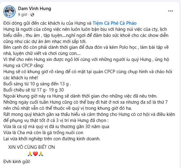 Bài đăng tiết lộ cuộc sống bận rộn của ca sĩ Đàm Vĩnh Hưng