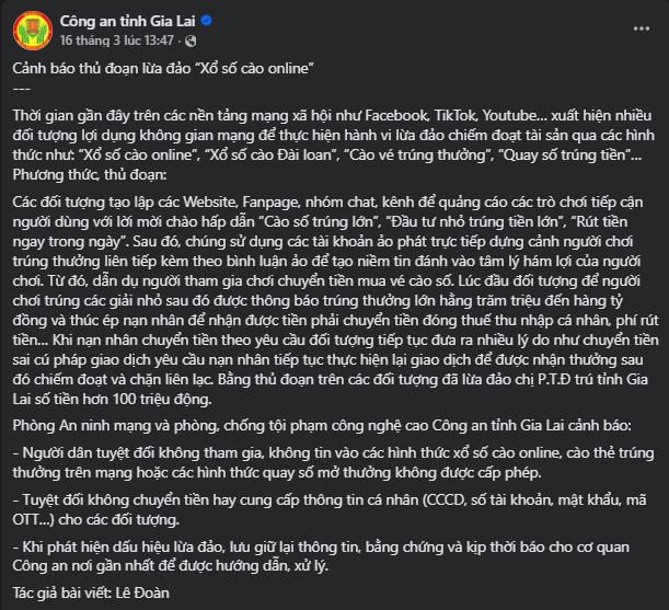 Công an có thông báo quan trọng tới người dân tham gia “xổ số cào online”