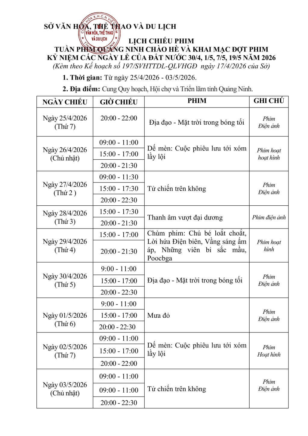 Danh sách và lịch chiếu các bộ phim trong tuần phim.