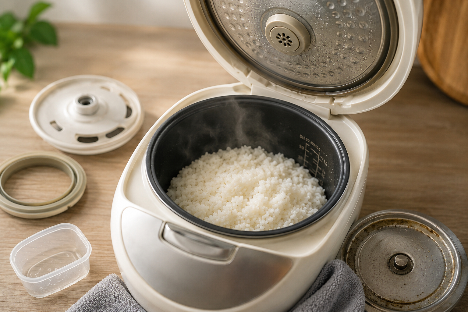 Nhiều bộ phận trên nồi cơm điện dễ tích tụ hơi ẩm và cặn bẩn nếu không được vệ sinh thường xuyên. (Ảnh minh họa)