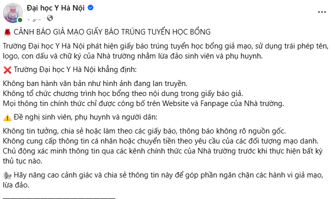 Đại học Y Hà Nội thông tin về giấy báo trúng tuyển học bổng giả mạo