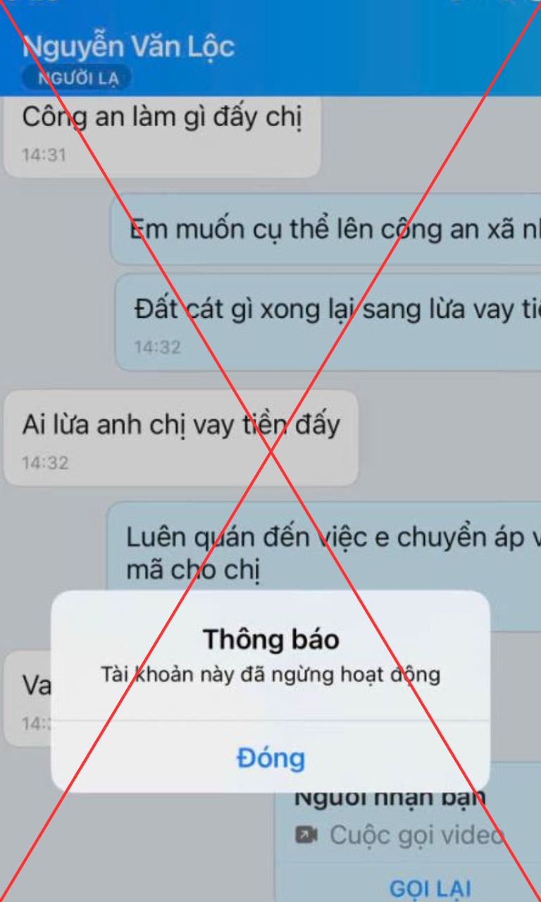 Đối tượng chặn tin nhắn và xóa tài khoản Zalo đã dùng để lừa đảo. Ảnh: Trang thông tin điện tử Công an tỉnh Phú Thọ