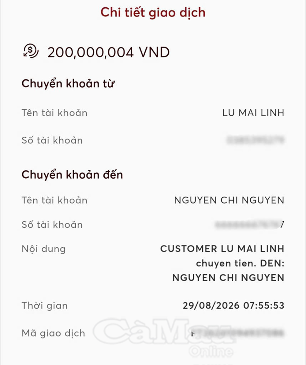 Xác nhận giao dịch chuyển hoàn trả 200 triệu đồng thành công.