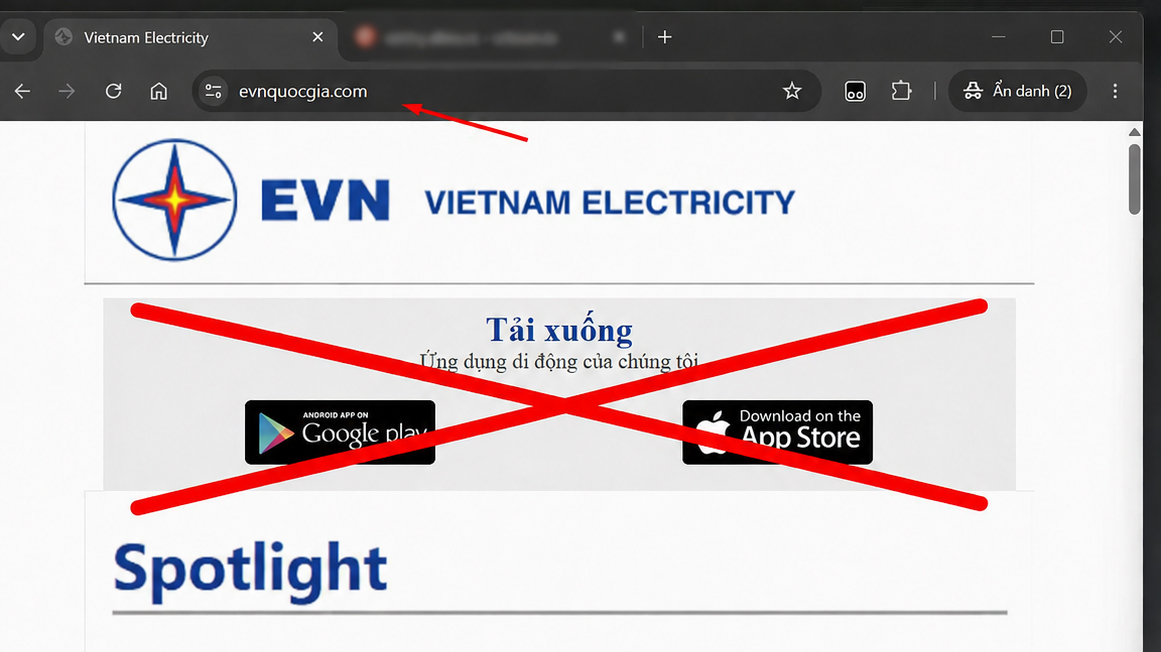 Trang web mạo danh thương hiệu EVN nhằm lừa khách hàng tải và cài đặt ứng dụng giả mạo mang tên “CSKH EVNSPC”