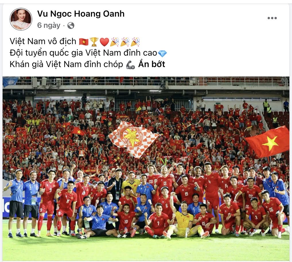 Nữ nghệ sĩ chúc mừng chức vô địch của đội tuyển Việt Nam (Ảnh: FBNV)