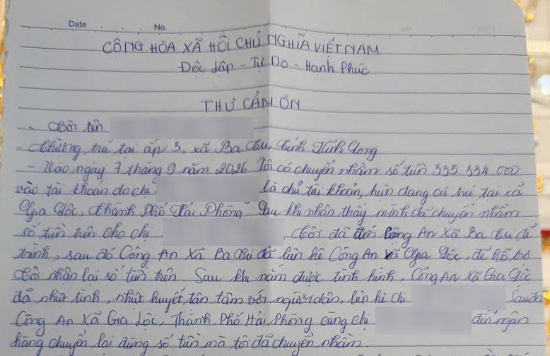 Thư cảm ơn của chị C.T.N.T gửi công an xã