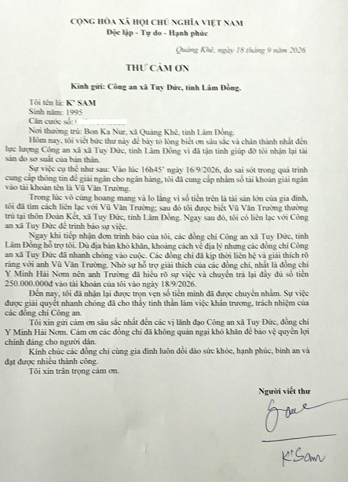 Thư cảm ơn của người dân gửi Công an xã Tuy Đức sau khi được cán bộ Công an xã hỗ trợ nhận lại 250 triệu đồng do chuyển khoản nhầm