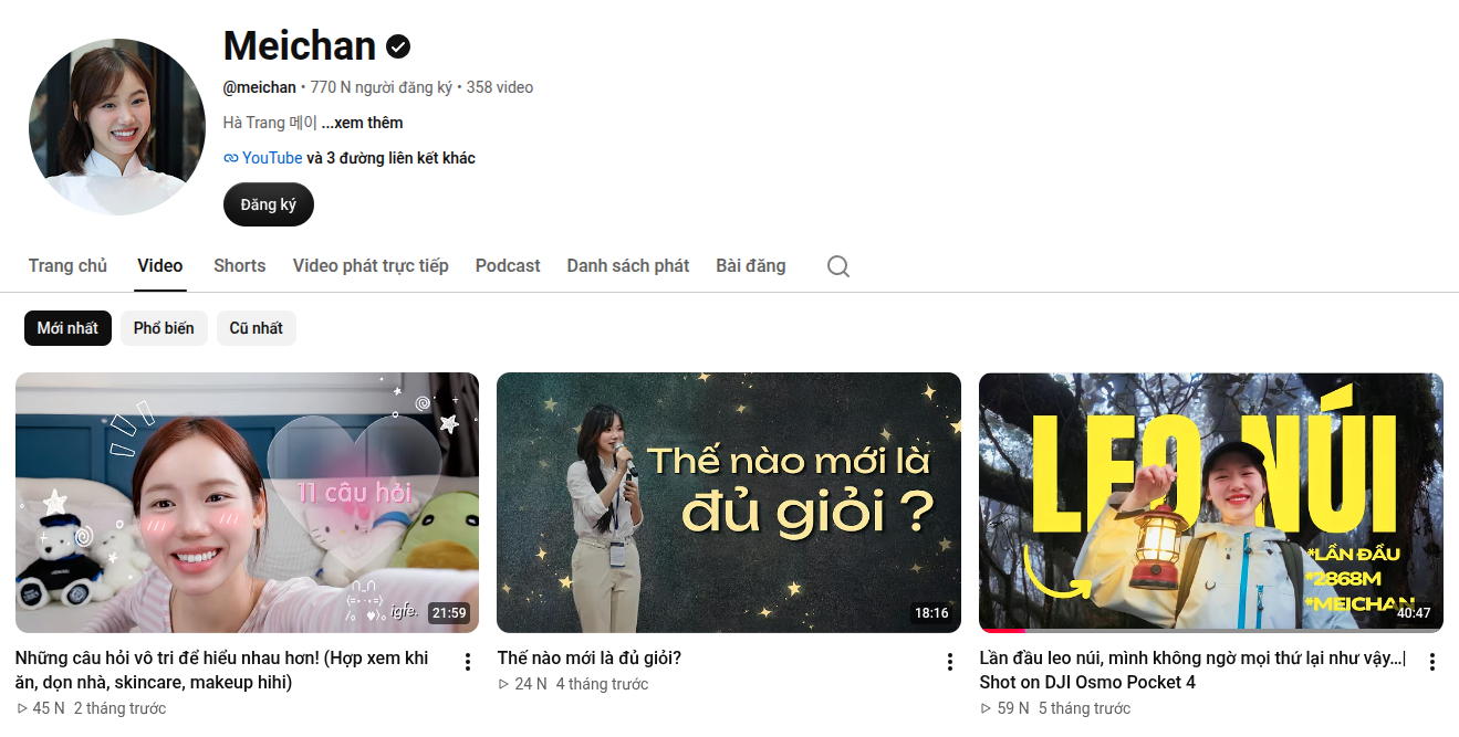 Kênh YouTube của Meichan. Ảnh chụp màn hình