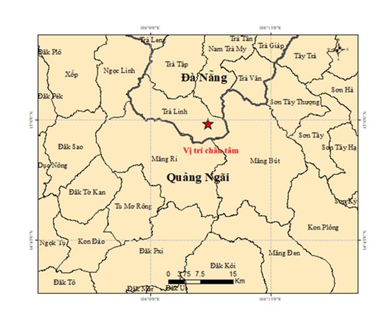 Bản đồ chấn tâm trận động đất xảy ra khoảng 5h16' tại khu vực xã Trà Linh, thành phố Đà Nẵng - Ảnh: Viện Các khoa học Trái đất
