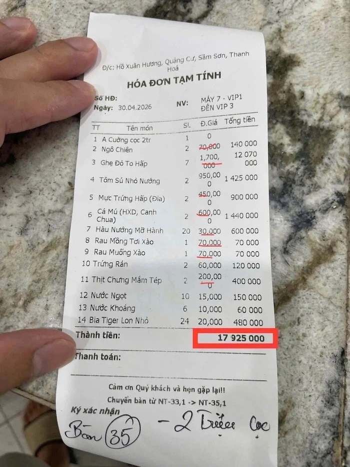 Tờ hoá đơn được lan truyền trên mạng xã hội