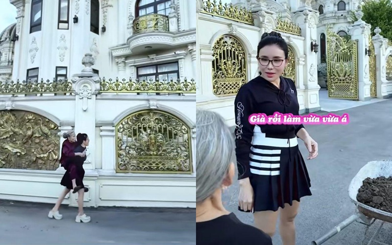 Mailisa cõng mẹ đi quanh căn biệt thự - Ảnh cắt từ clip TikTok TMV Mailisa