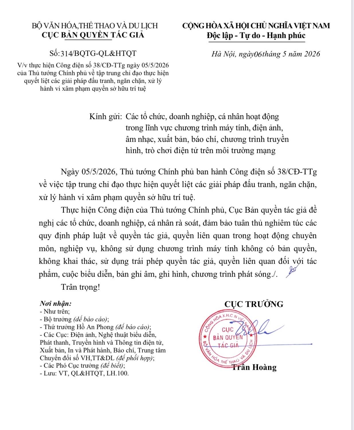 Nguyên văn Công văn từ Cục Bản quyền Tác giả.