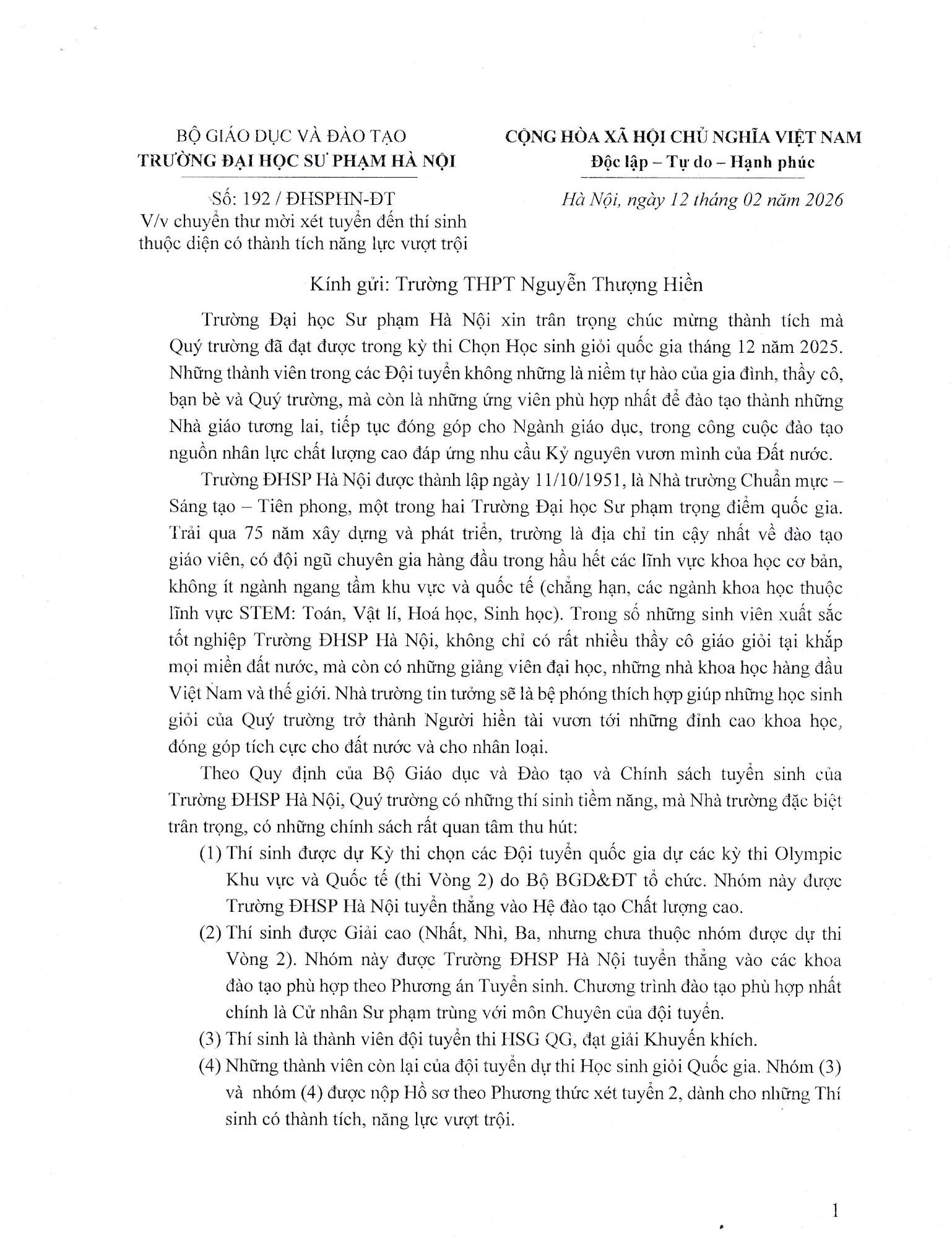 Thư mời xét tuyển từ Trường Đại học Sư phạm Hà Nội gửi tới các học sinh Trường THPT Nguyễn Thượng Hiền