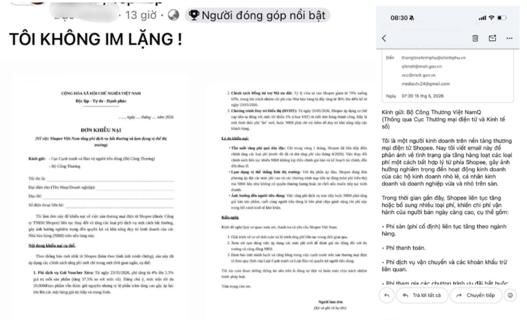 Nhiều nhà bán hàng cho biết đã gửi đơn và email phản ánh tới Bộ Công Thương liên quan tới các thay đổi về phí và cơ chế vận hành trên sàn thương mại điện tử Shopee. Một số bài đăng kêu gọi người bán “đồng lòng lên tiếng” cũng đang nhận được nhiều lượt tương tác trên các hội nhóm kinh doanh online. (Ảnh: FB)
