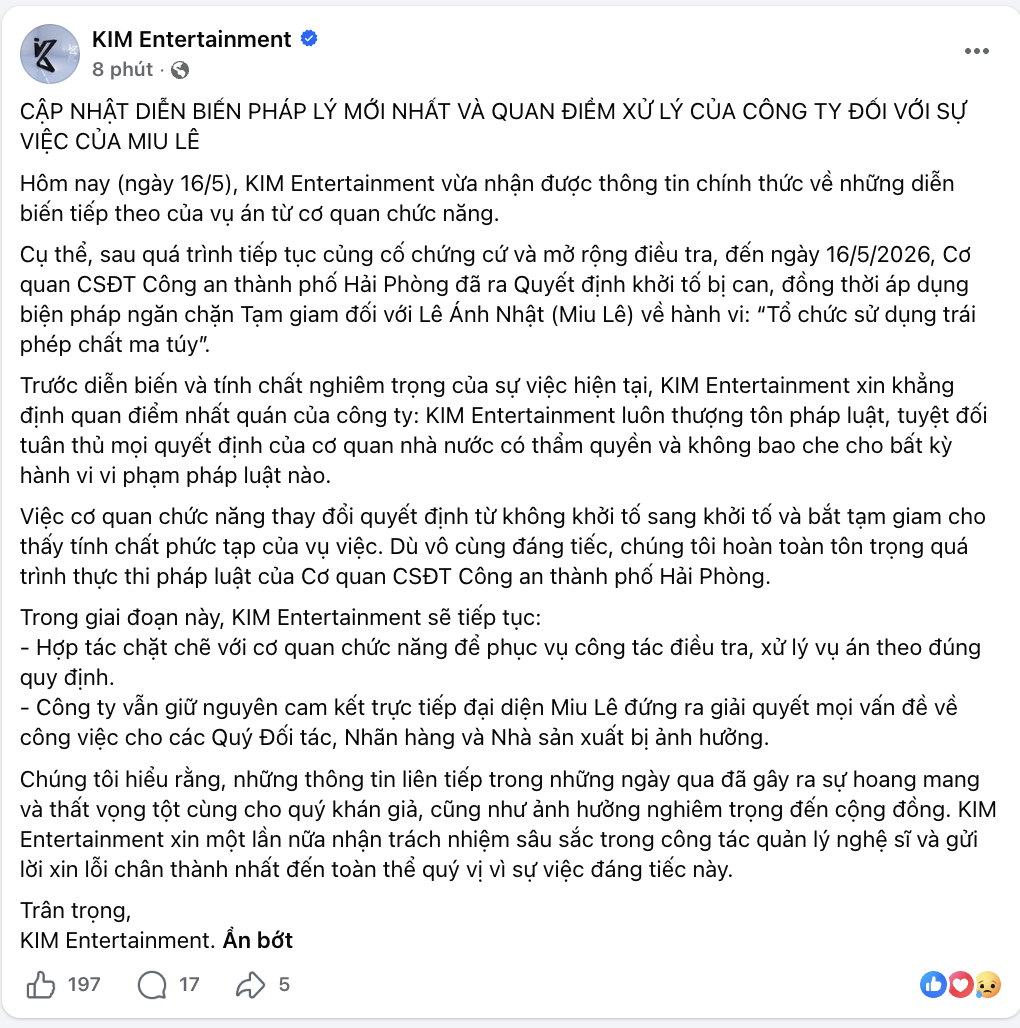 Thông tin từ phía công ty quản lý Miu Lê đăng tải (Ảnh FB)