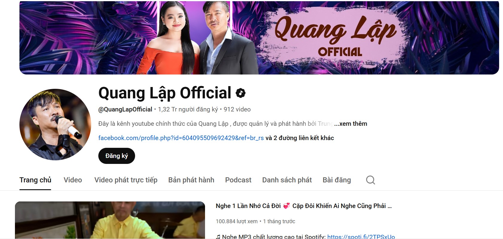 Kênh Youtube QuangLapOfficial của ca sĩ Quang Lập
