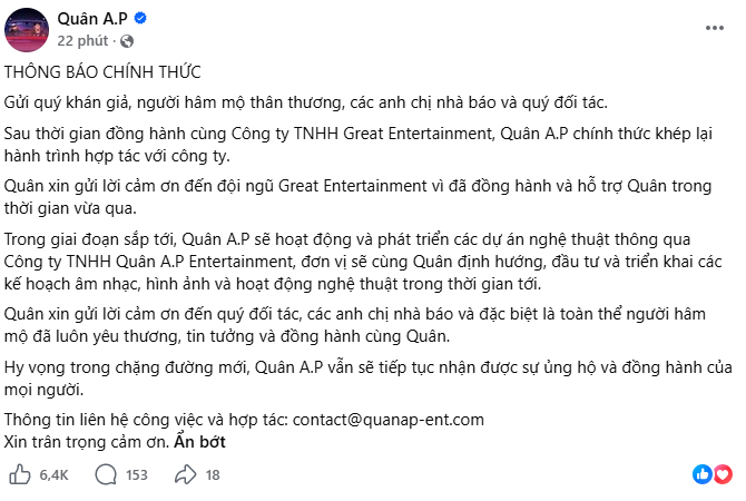 Thông tin vừa được nam ca sĩ đăng tải trên trang cá nhân