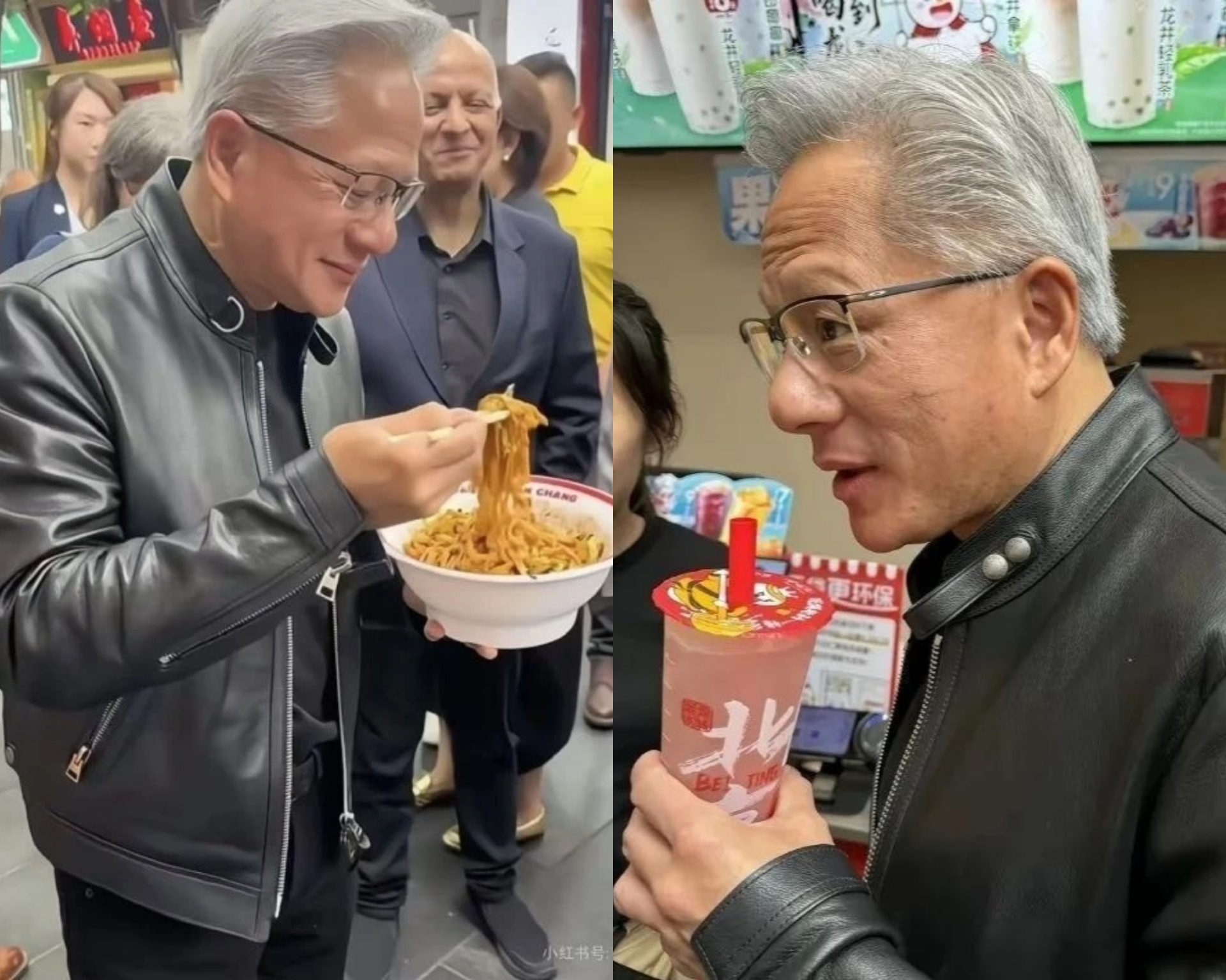 Jensen Huang ăn mì và uống trà đào.