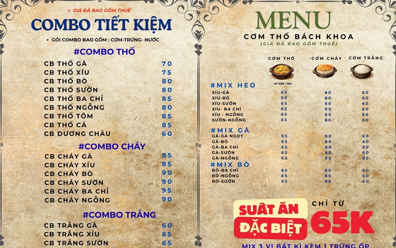 Mức giá các phần cơm tại Hệ thống cửa hàng Cơm thố Bách Khoa