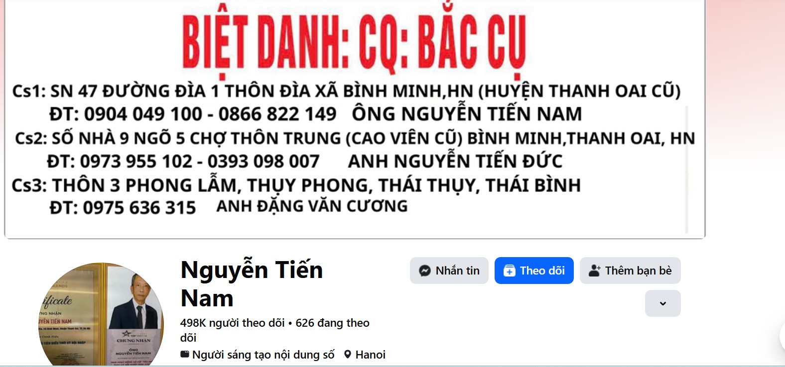 Trang cá nhân của ông Nam quảng cáo có tới 3 cơ sở chữa bệnh
