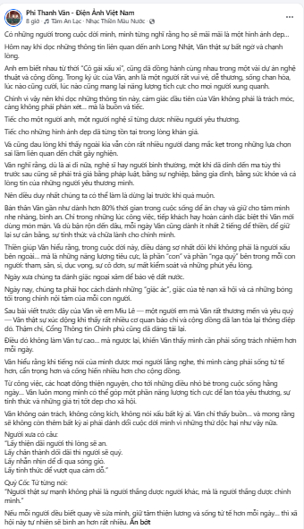 Những dòng chia sẻ trên trang cá nhân của Phi Thanh Vân về người đồng nghiệp Long Nhật (Ảnh: Chụp màn hình)