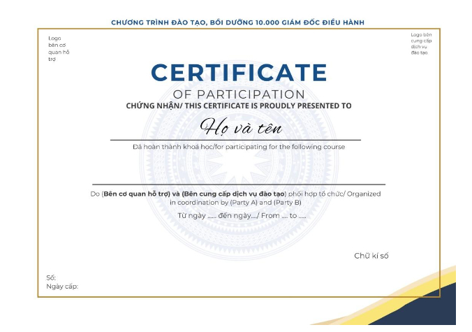 Mẫu chứng nhận hoàn thành khóa học (Ảnh: CTTĐTBTC)