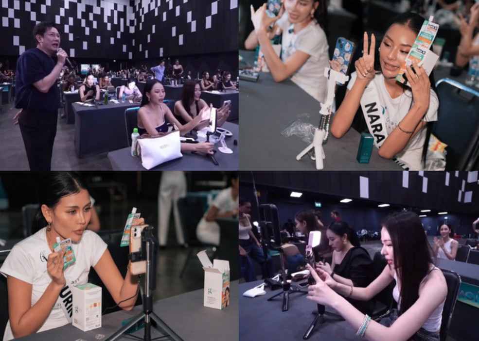 Hiện trường các thí sinh tất bật livestream bán hàng tại Hoa hậu Hoàn vũ Thái Lan 2025