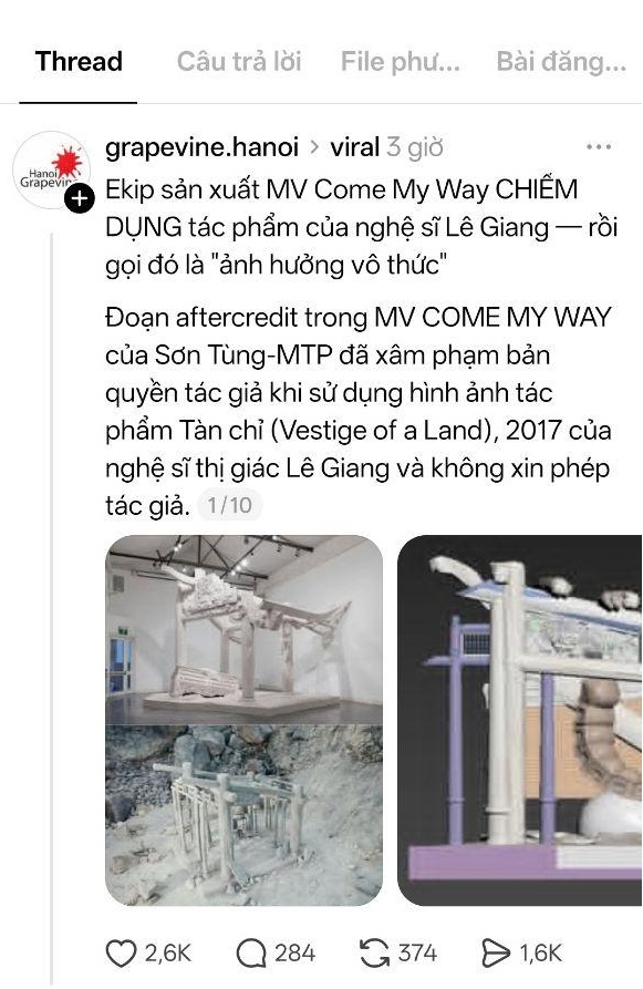 Tổ chức nghệ thuật phi lợi nhuận Grapevine tố MV Come My Way của Sơn Tùng chiếm dụng tác phẩm của Lê Giang