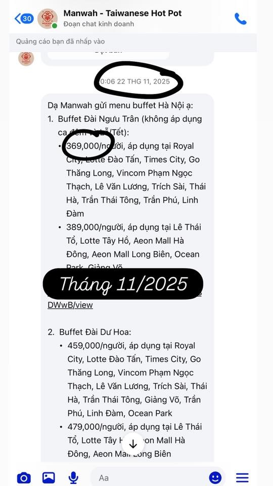 Menu giá vào tháng 11.2025 được cư dân mạng chia sẻ.