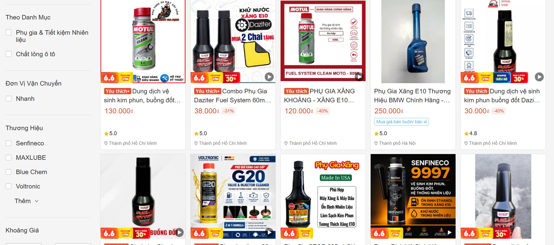 Hàng loạt sản phẩm dung dịch phụ gia xăng E10 được bán trên sàn Shopee