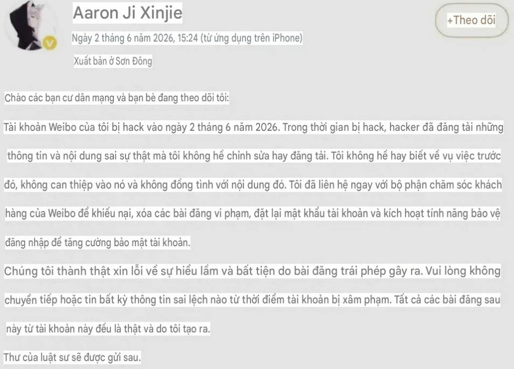 Bài viết giải thích được anh đăng tải trên trang Weibo cá nhân (Ảnh sử dụng GG dịch)
